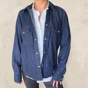 H&M blue denim shirt jacket with pearl white buttons size small